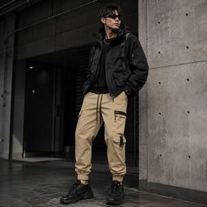 Riot Empire Mens Cargo Jogger Pants Sz‎ S Beige Utility Streetwear Techwear Y2K